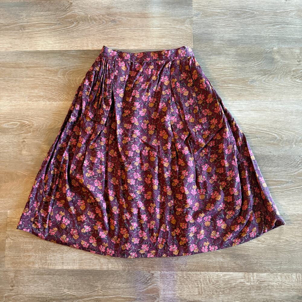 VINTAGE Christian Dior Petites Burgundy Floral Midi Skirt Sz 4 Rayon